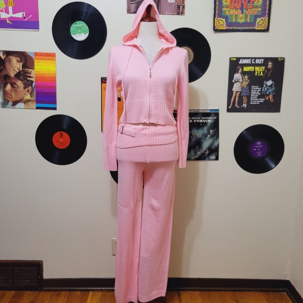 Pink Cloud Knit Cropped Hoodie & Flare Pants Set